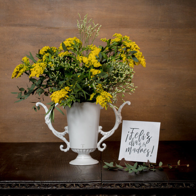 ROCOCO VASE WITH HANDLES 23CM H 35CM L 12CM W - WHITE GLASS HIGH