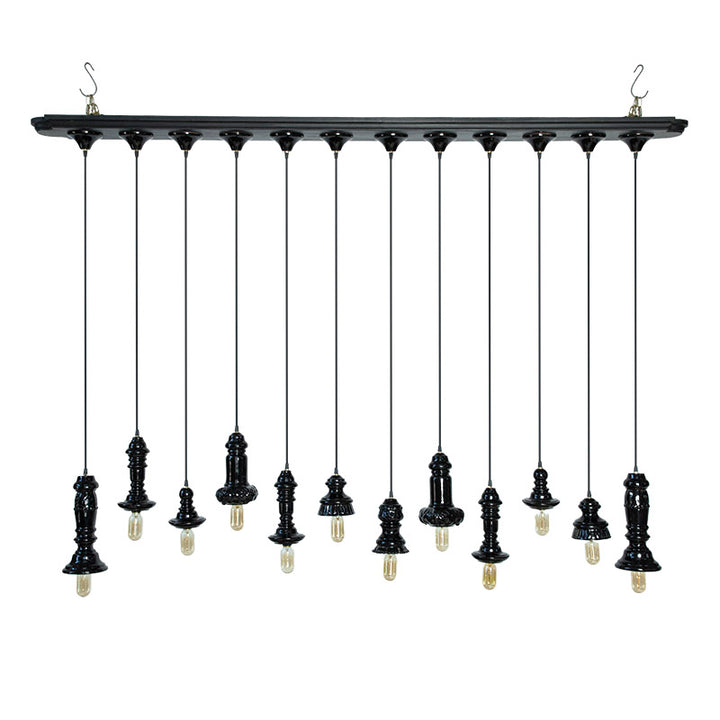 LAMPARA 12 LUCES TORNO CON BASE MADERA 140CM AL 210CM L 22CM AN